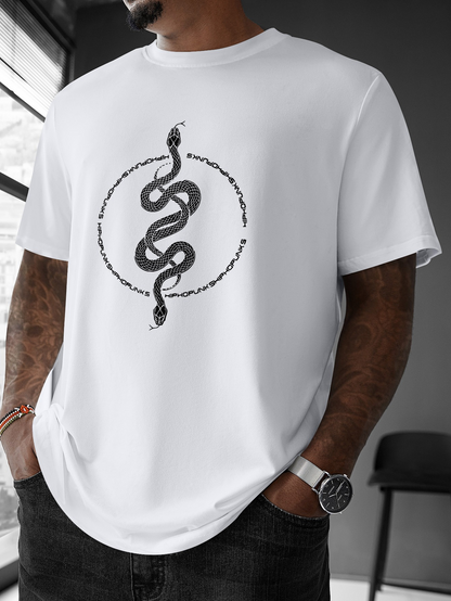 Men's Graphic T-Shirt Coiled Black Snake With Circular Barbed Wire Surrounded By White Space Snake