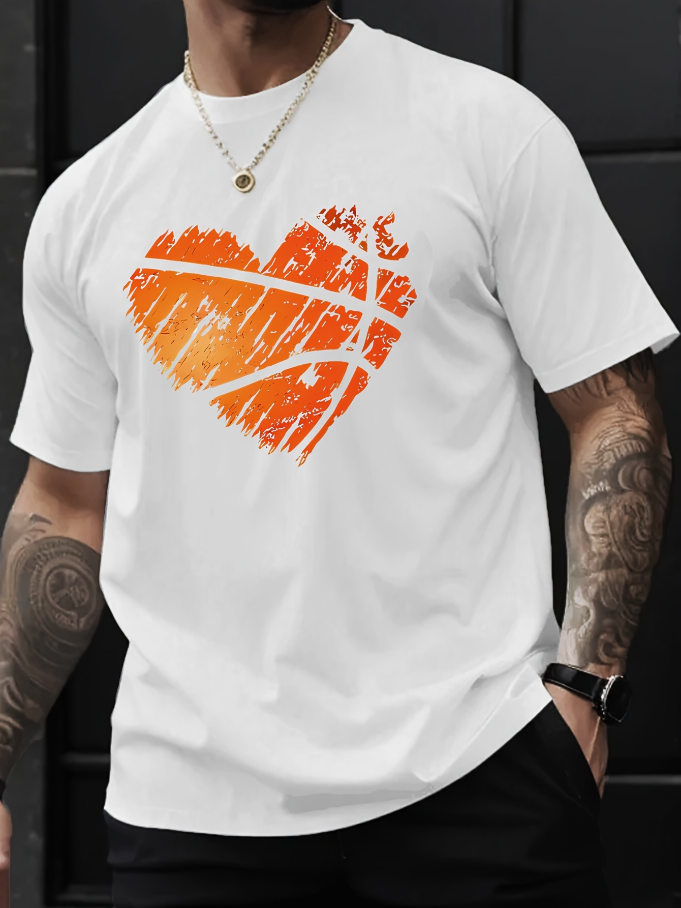Men's Graphic T-Shirt Orange Basketball Court Patterned Heart Shape With Distressed Brush Strokes