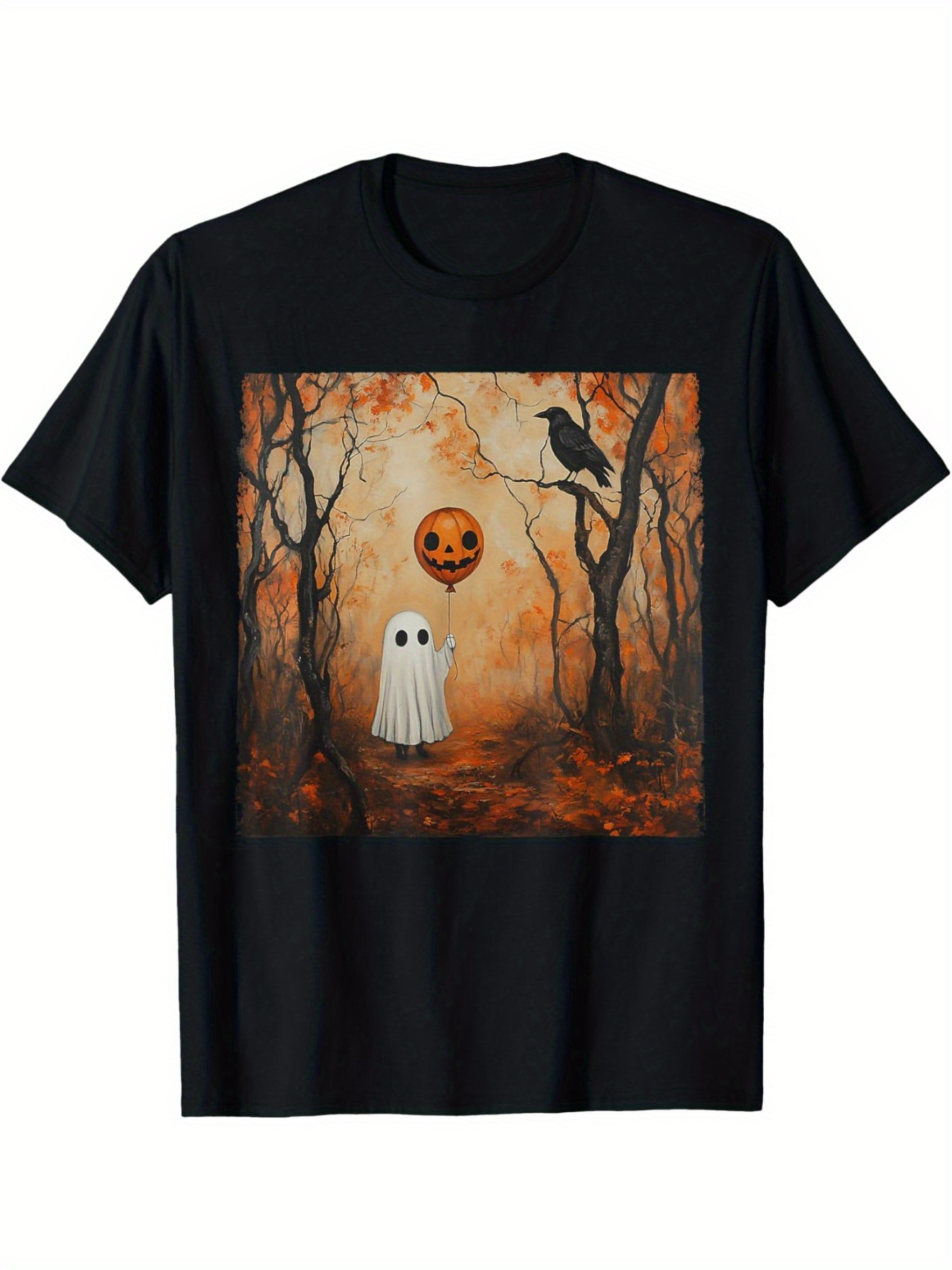 Men's Graphic T-Shirt Spooky Autumn Forest Among Ghost Shadows With Pumpkin Lantern And Perched Crow