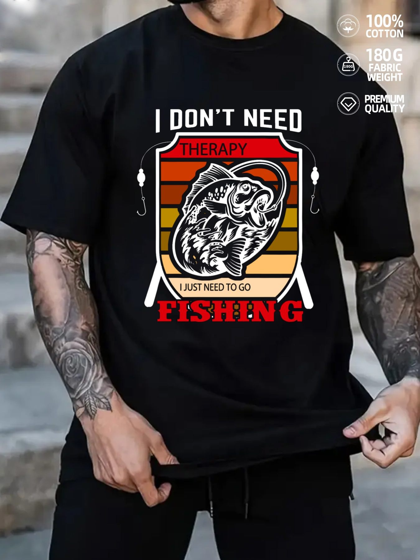 Men's Graphic T-Shirt I Dont Need Therapy Vintage Stripe With Jumping Fish Fishing