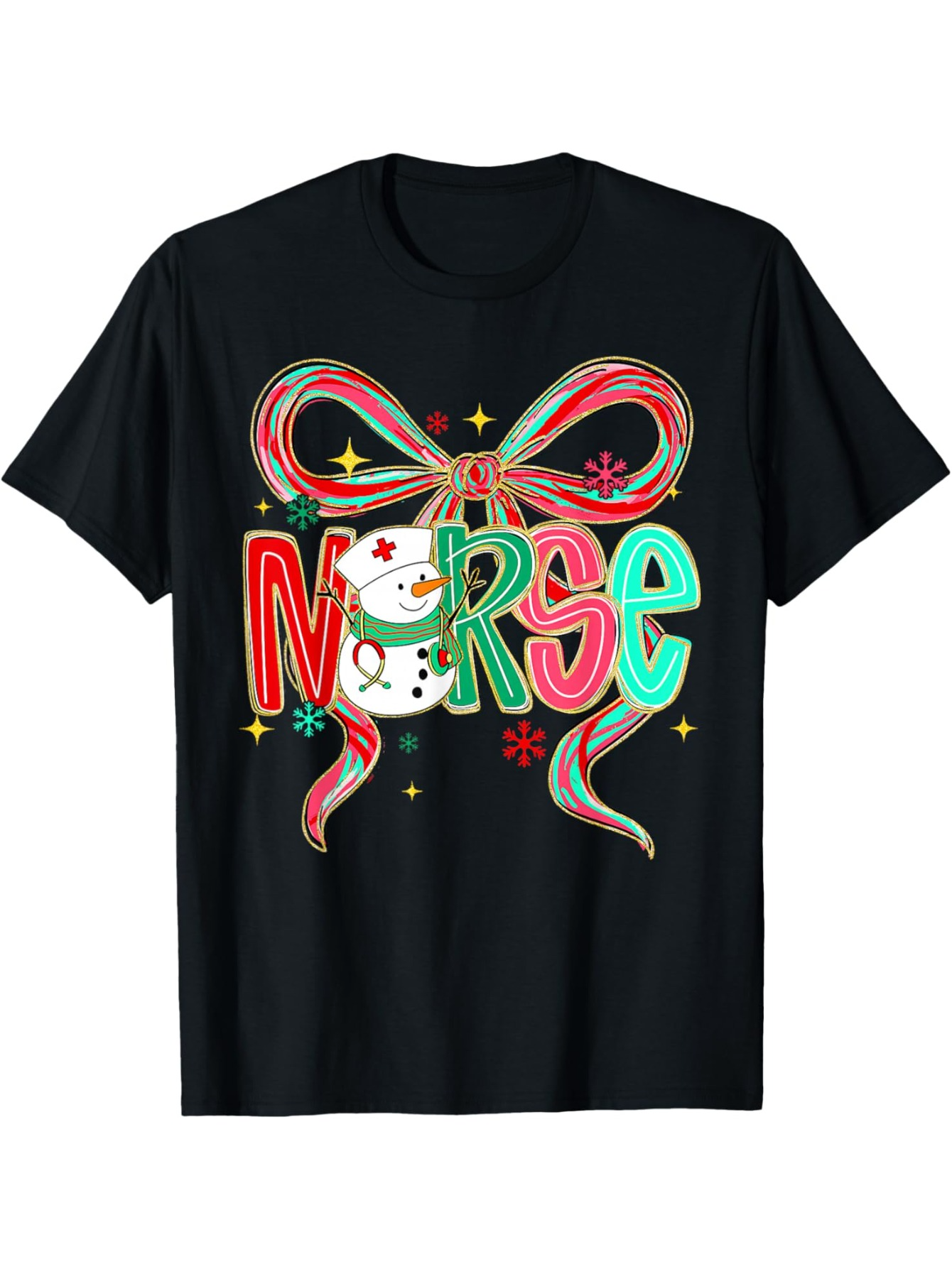 Men's Graphic T-Shirt Snowman With Nurse Theme Festive Ribbon Winter Bow