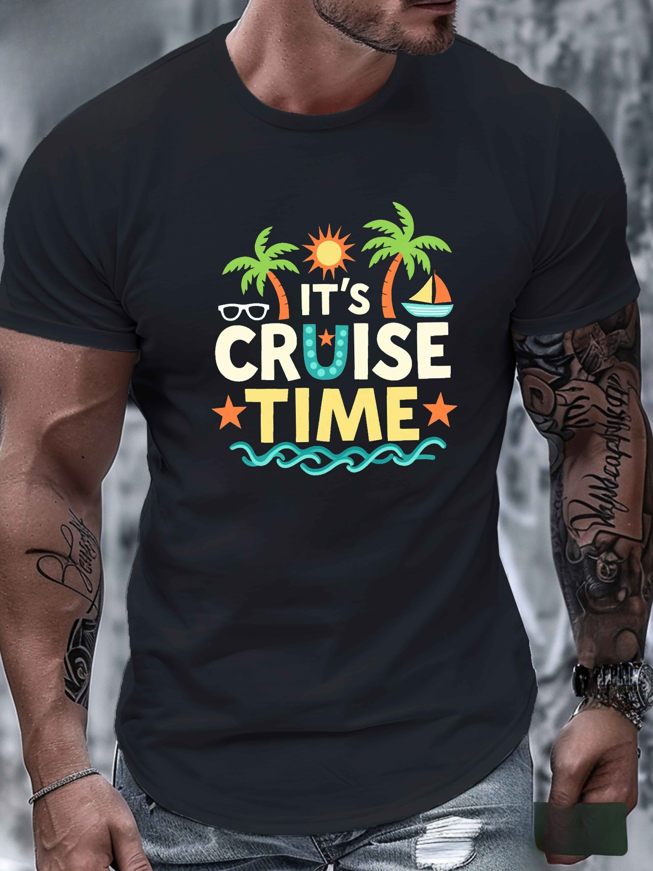 Men's Graphic T-Shirt Its Cruise Time With Palm Trees Sun And Waves Cruise