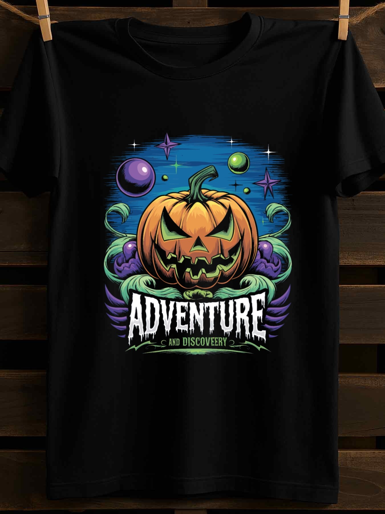Men's Graphic T-Shirt Adventure Glowing Planets And Twisted Vines With Spooky Night Sky Pumpkin