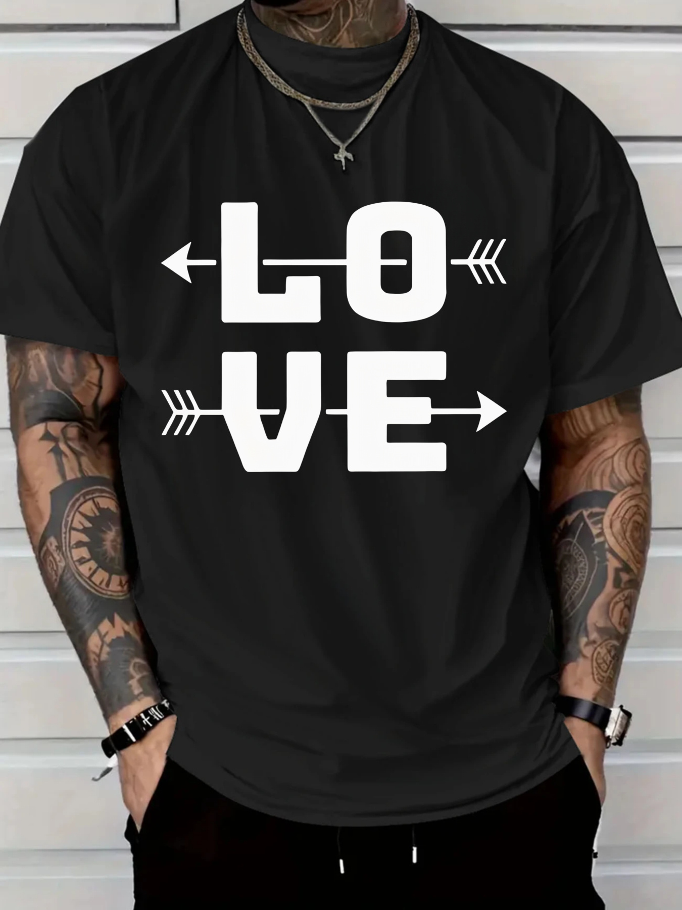 Men's Graphic T-Shirt Love Bold White Letters With Arrows Pointing Through Each Letter
