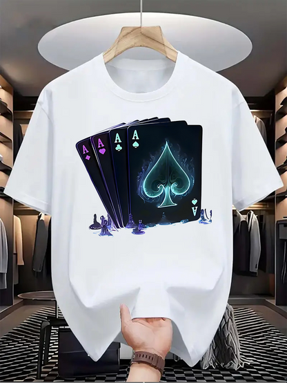 Men's Graphic T-Shirt Glowing Neon Effects With Purple Blue Playing Cards