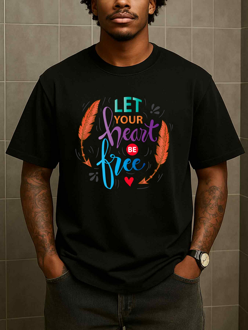 Men's Graphic T-Shirt Let Your Heart Be Free Colorful Feathers With Flowing Script Surrounding Heart