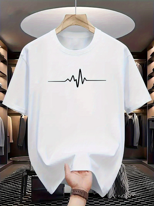 Men's Graphic T-Shirt Minimalist Black Heartbeat Line Centered White Fabric T Shirt
