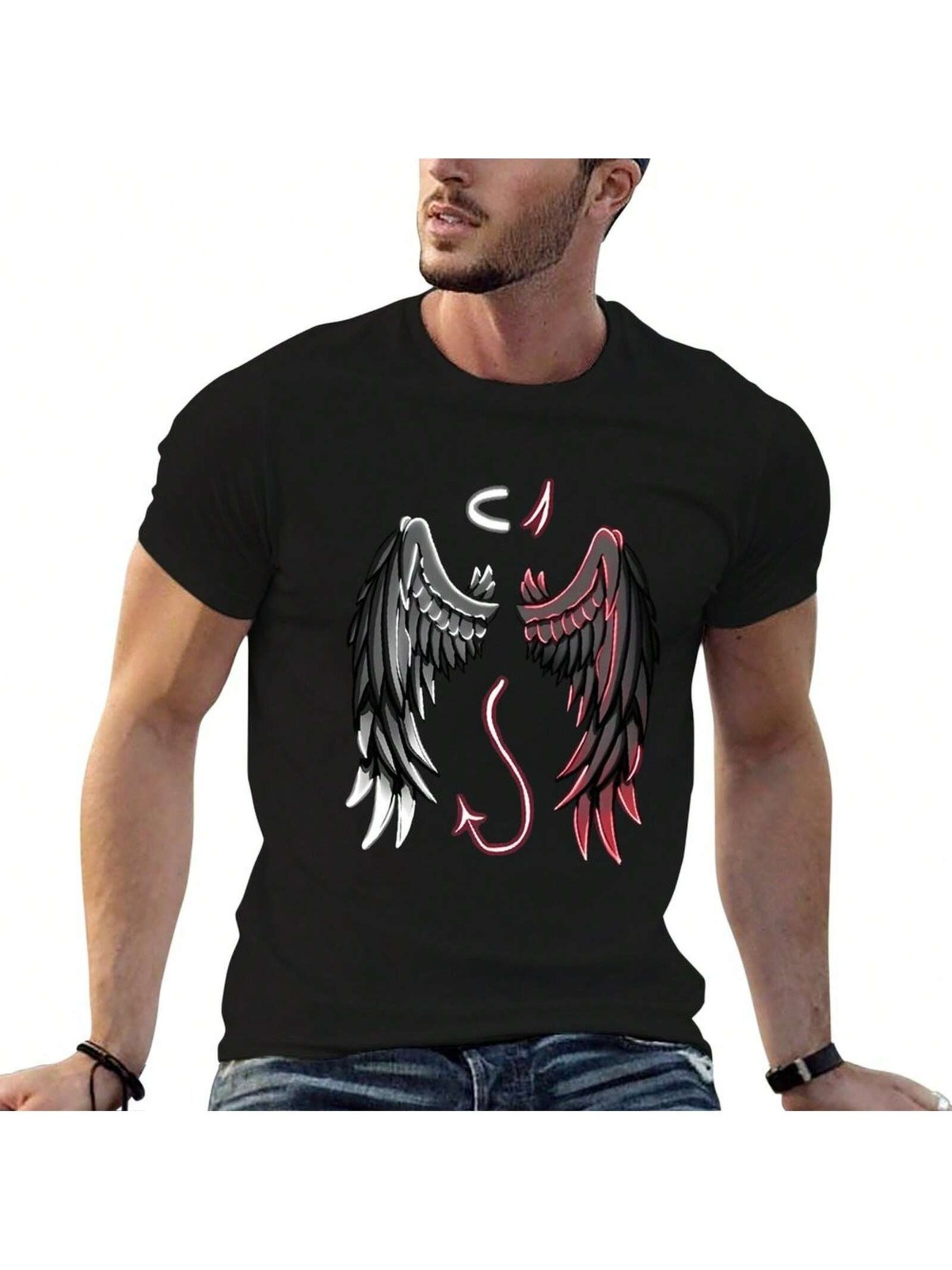 Men's Graphic T-Shirt Contrasting Wings With White Halo And Red Devil Tail Angel Wing