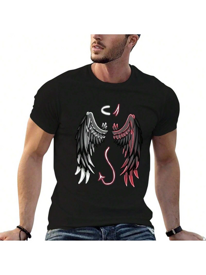 Men's Graphic T-Shirt Contrasting Wings With White Halo And Red Devil Tail Angel Wing