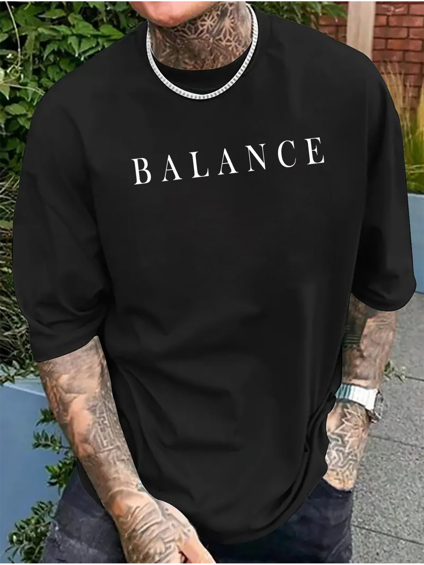 Men's Graphic T-Shirt Balance Minimalist White Lettering On Plain Black Cotton T Shirt