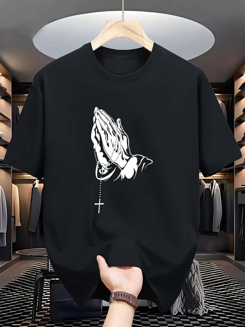 Men's Graphic T-Shirt Classic Praying Hands With Rosary Draped Around Wrist