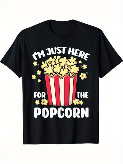 Men's Graphic T-Shirt Im Just Here For The Popcorn In Red Striped Box Surrounded By Popped Corn Snack