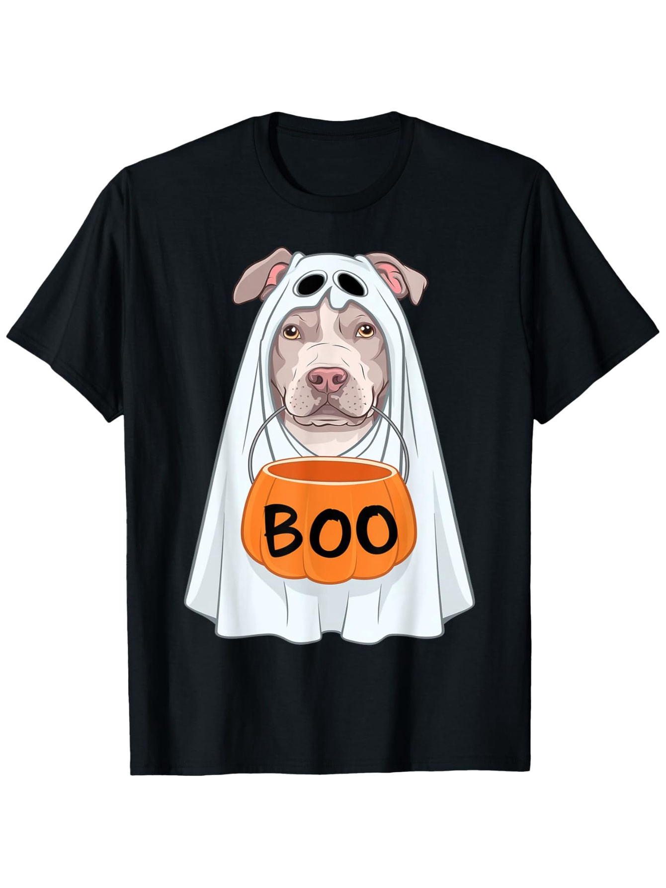 Men's Graphic T-Shirt Boo Ghost Costume Pitbull With Halloween Candy Bucket