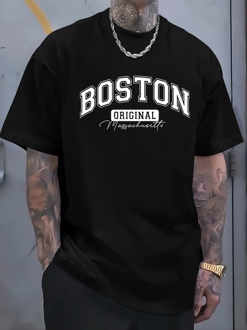 Men's Graphic T-Shirt Boston Original Script Lettering With Bold White Text Black T Shirt