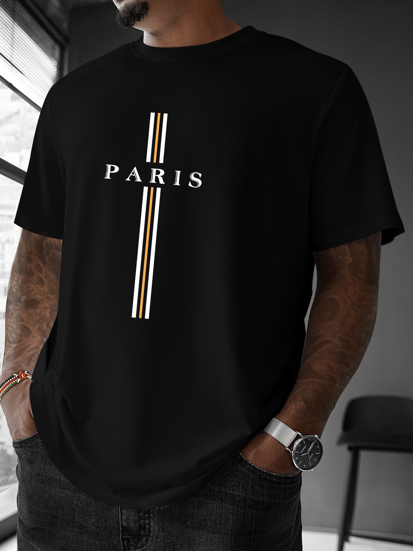 Men's Graphic T-Shirt Paris White And Gold Vertical Stripes On Minimalist T Shirt
