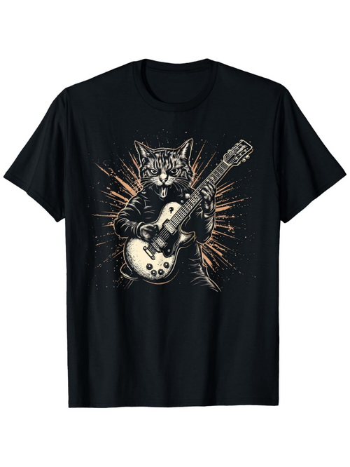 Men's Graphic T-Shirt Electric Guitar With Cool Cat Surrounded By Fiery Golden Bursts