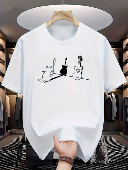 Men's Graphic T-Shirt Minimalist Art Line Drawing With Musical Instruments And Cute Cat
