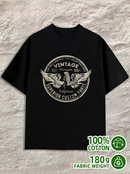 Men's Graphic T-Shirt Vintage Label With Spreading Wings Logo And Retro Badge Black T Shirt