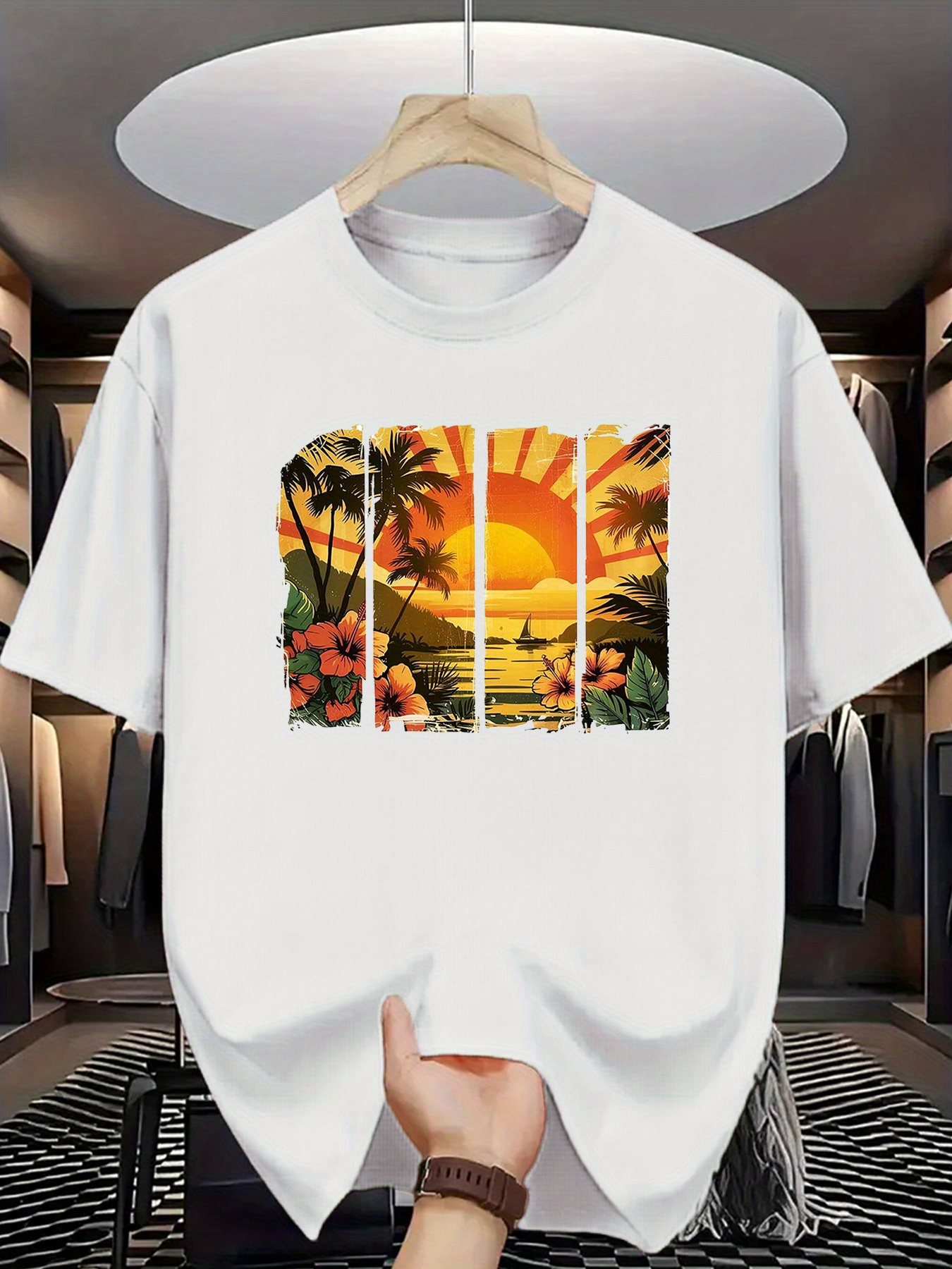 Men's Graphic T-Shirt Golden Sunrise With Palm Trees And Tropical Ocean Beach Scenery