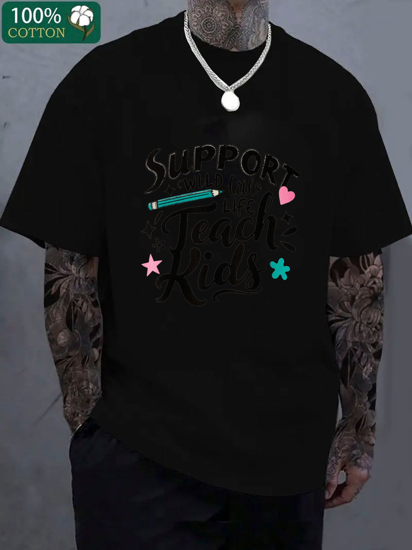 Men's Graphic T-Shirt Support With Colorful Hearts Stars And Pencil Motif Kids