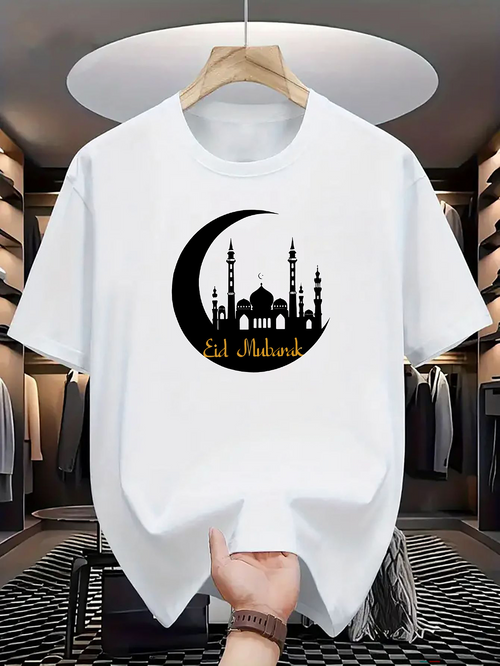 Men's Graphic T-Shirt Eid Mubarak Golden Crescent Moon With Mosque And Star Night Sky