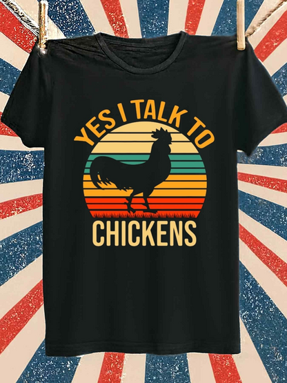 Men's Graphic T-Shirt Yes I Talk To Chickens Retro Striped Sunset With Black Silhouette Chicken