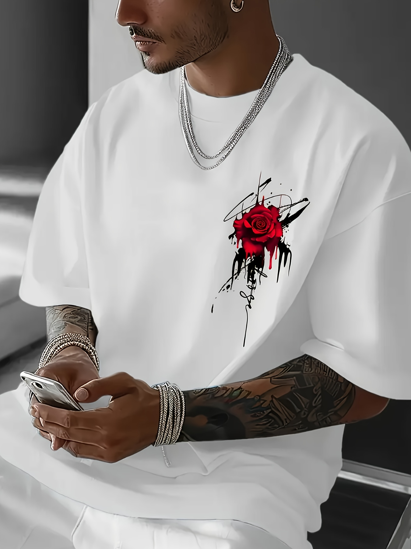 Men's Graphic T-Shirt Red Ink Dripping Artistic Graffiti With Single Bold Rose
