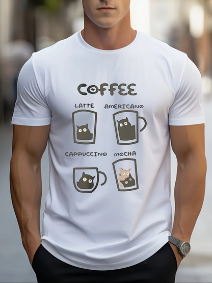 Men's Graphic T-Shirt Coffee With Four Cute Animal Face Drinks Illustration On Mug