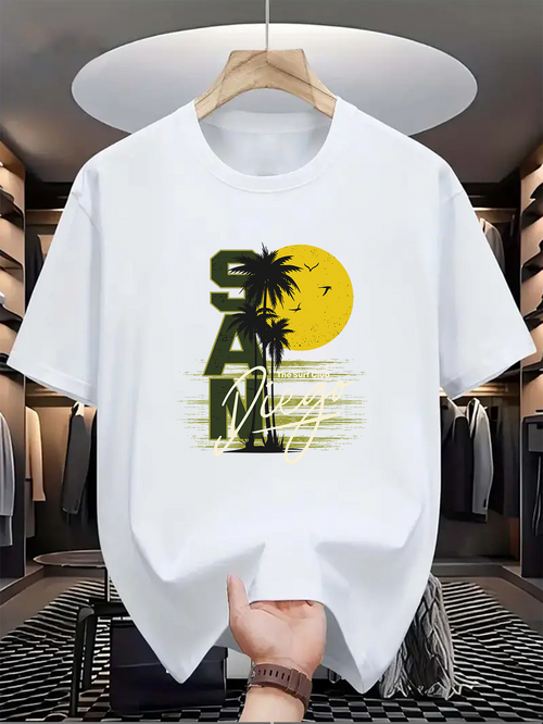 Men's Graphic T-Shirt Sunny Palm Trees With Yellow Setting Sun And Flying Birds