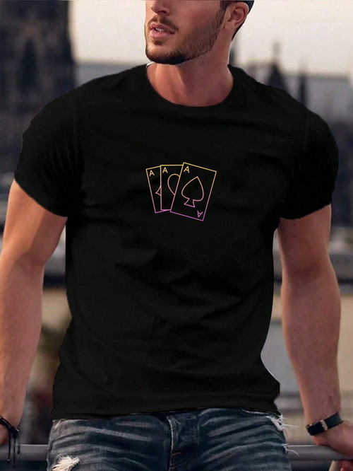 Men's Graphic T-Shirt Minimalist Neon Outline Playing Cards With Double Ace Design