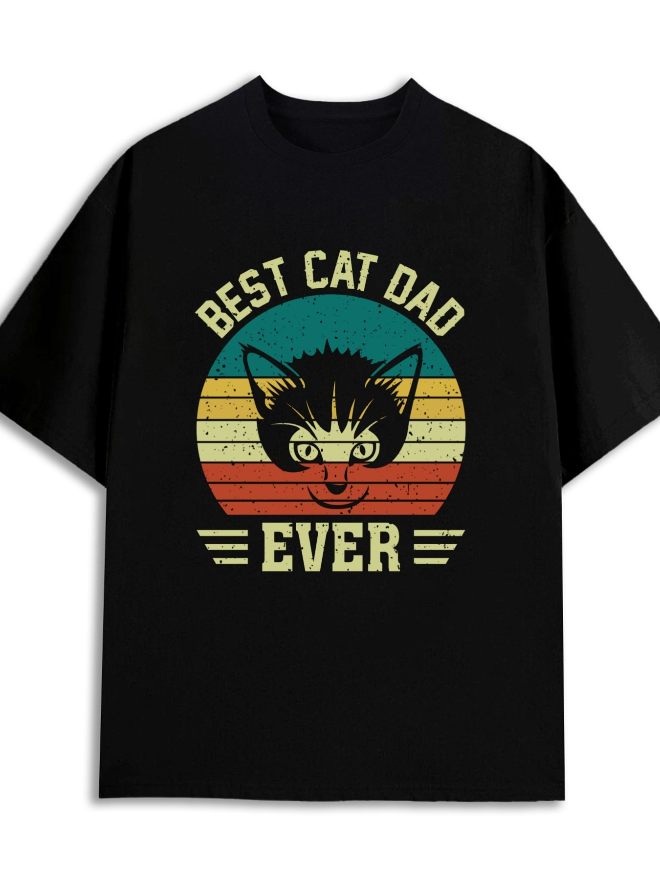Men's Graphic T-Shirt Best Cat Dad Ever Retro Striped Sunset With Whiskered Angry Cat Face