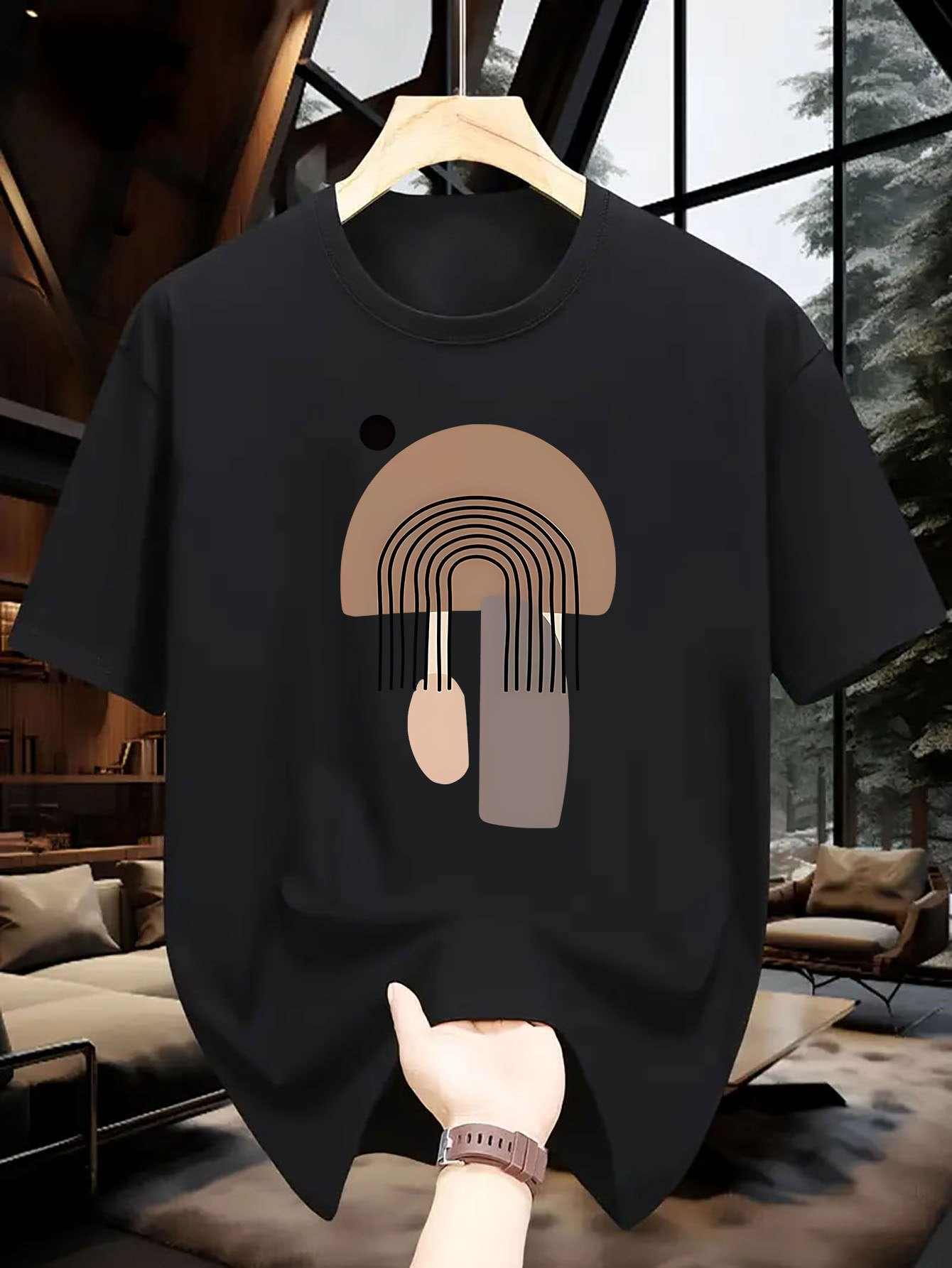 Men's Graphic T-Shirt Minimalist Geometric Earth Tones With Abstract Archway Design Mushroom