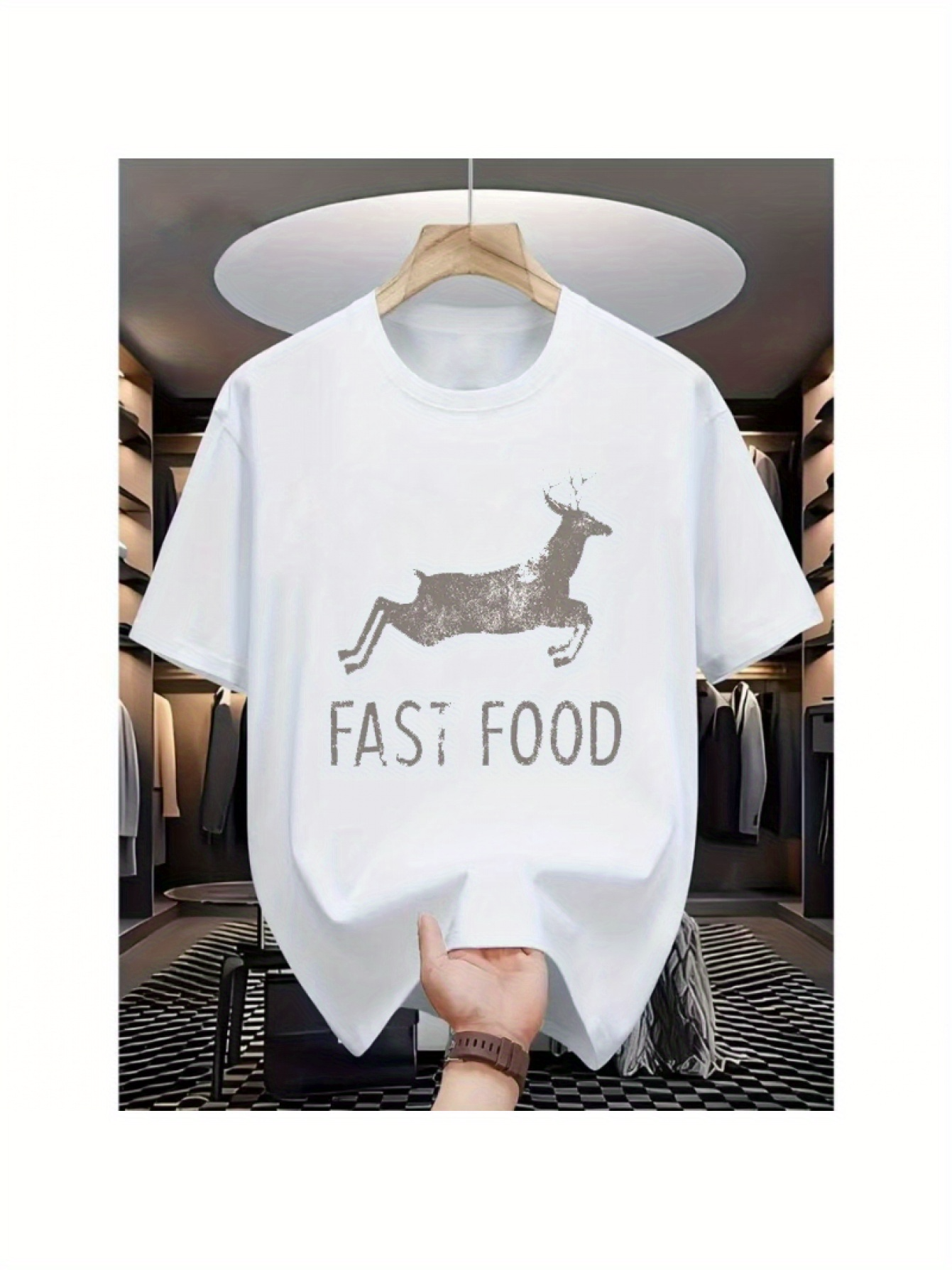 Men's Graphic T-Shirt Fast Food Running Deer In Playful Bold Typography Shirt