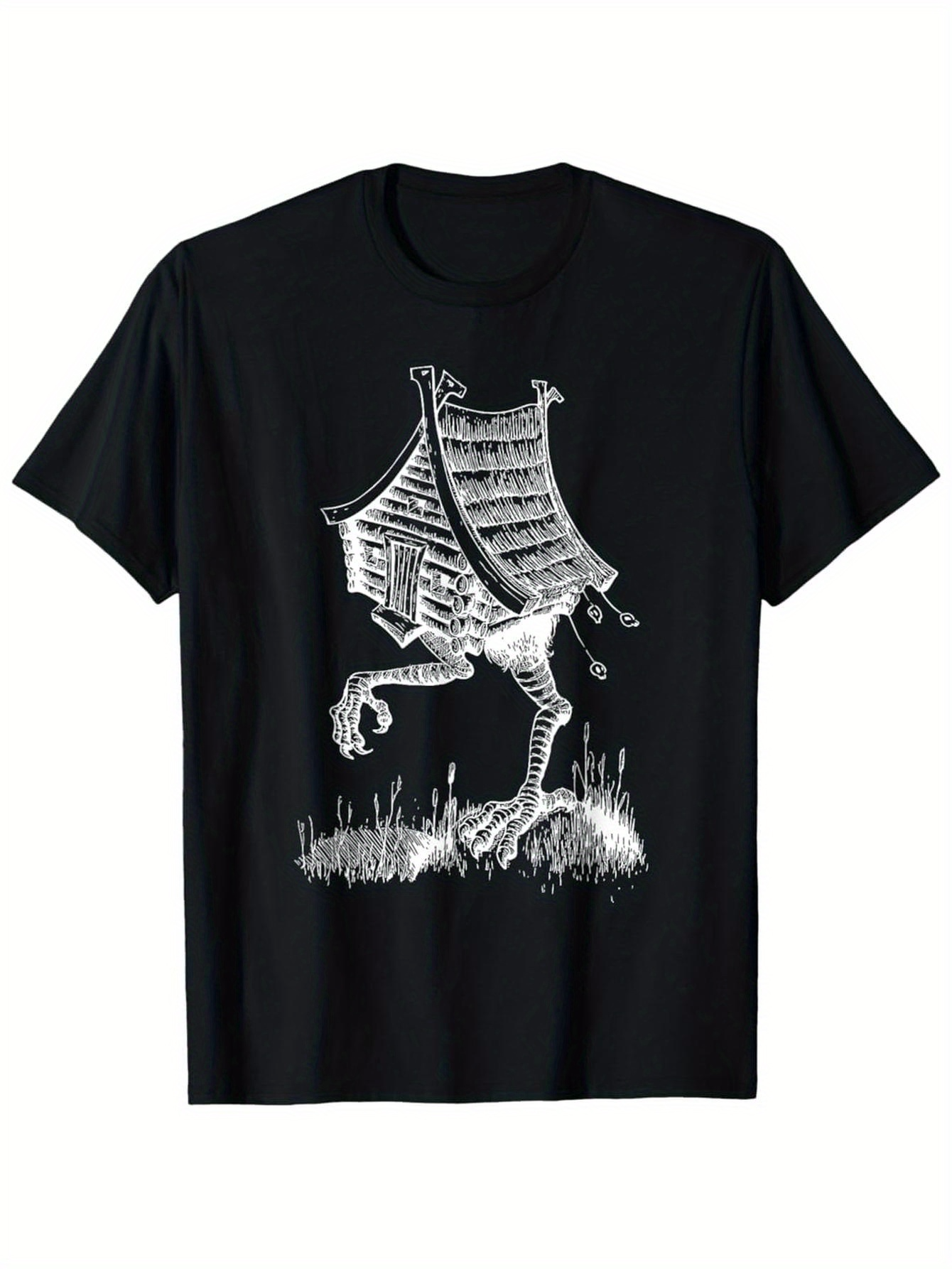 Men's Graphic T-Shirt Old Wooden Cottage With Feathered Chicken Legs Standing In Grass