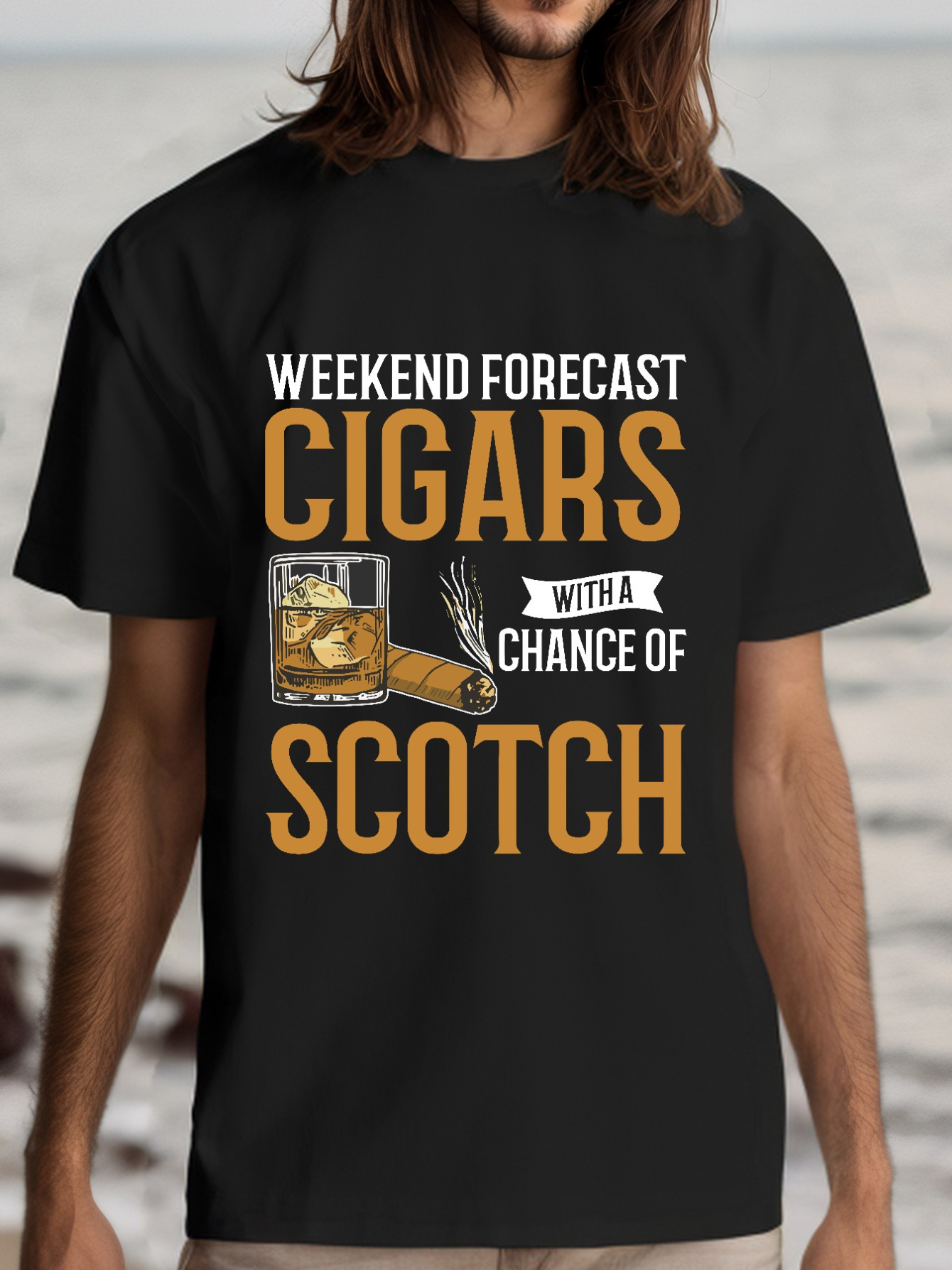 Men's Graphic T-Shirt Weekend Forecast With Whiskey Glass Cigars And Scotch