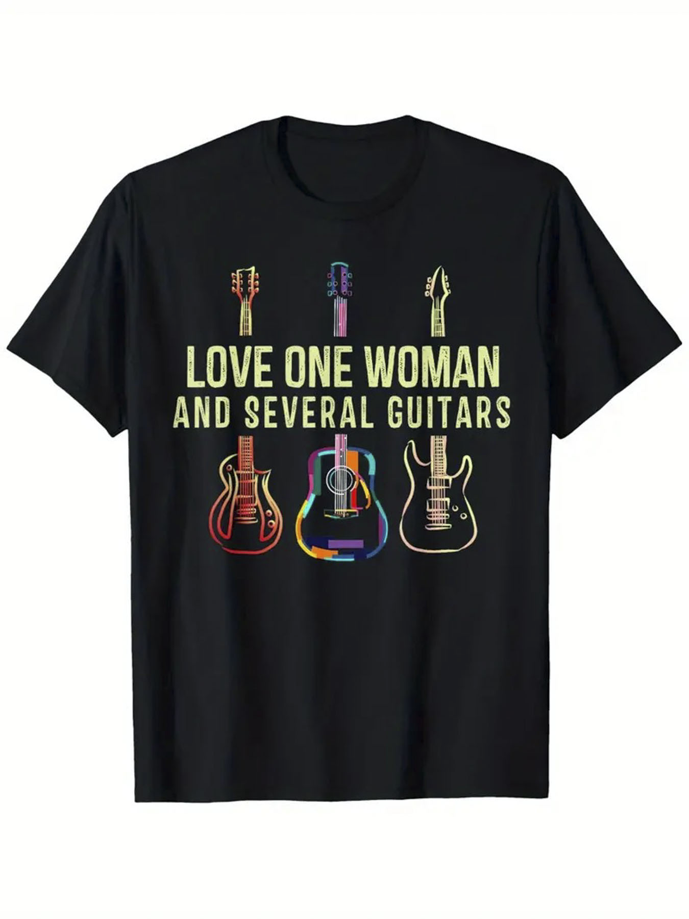 Men's Graphic T-Shirt Love One Woman Vibrant Neon Strings With Array Of Electric Guitars
