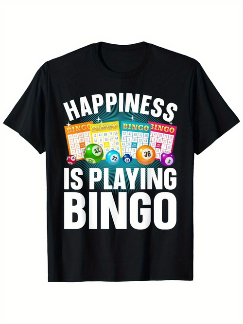 Men's Graphic T-Shirt Happiness Is Playing Bingo Bright Cards And Colorful Bingo Balls