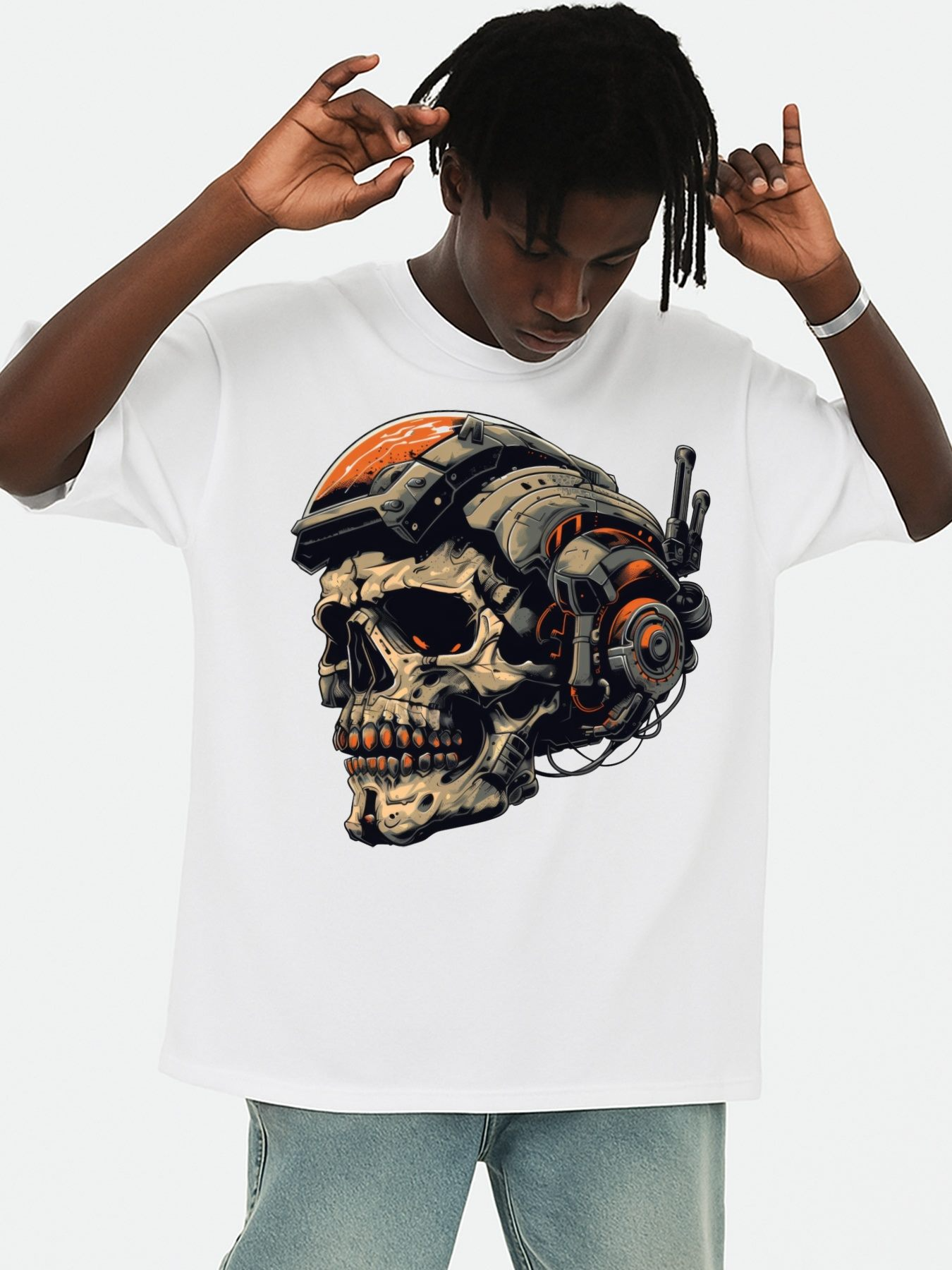 Men's Graphic T-Shirt Mechanical Punk With Cybernetic Skull Wearing Futuristic Headgear