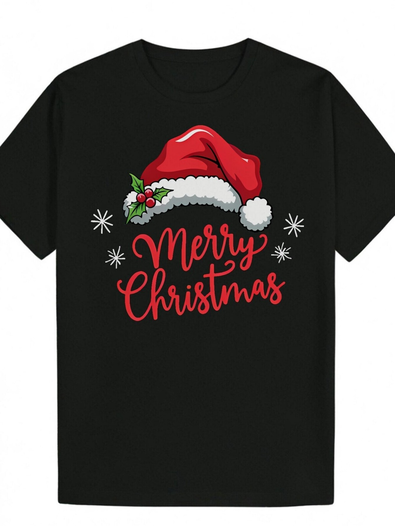 Men's Graphic T-Shirt Merry Christmas Red Santa Hat With Winter Snowflakes Surrounding Festive Lettering