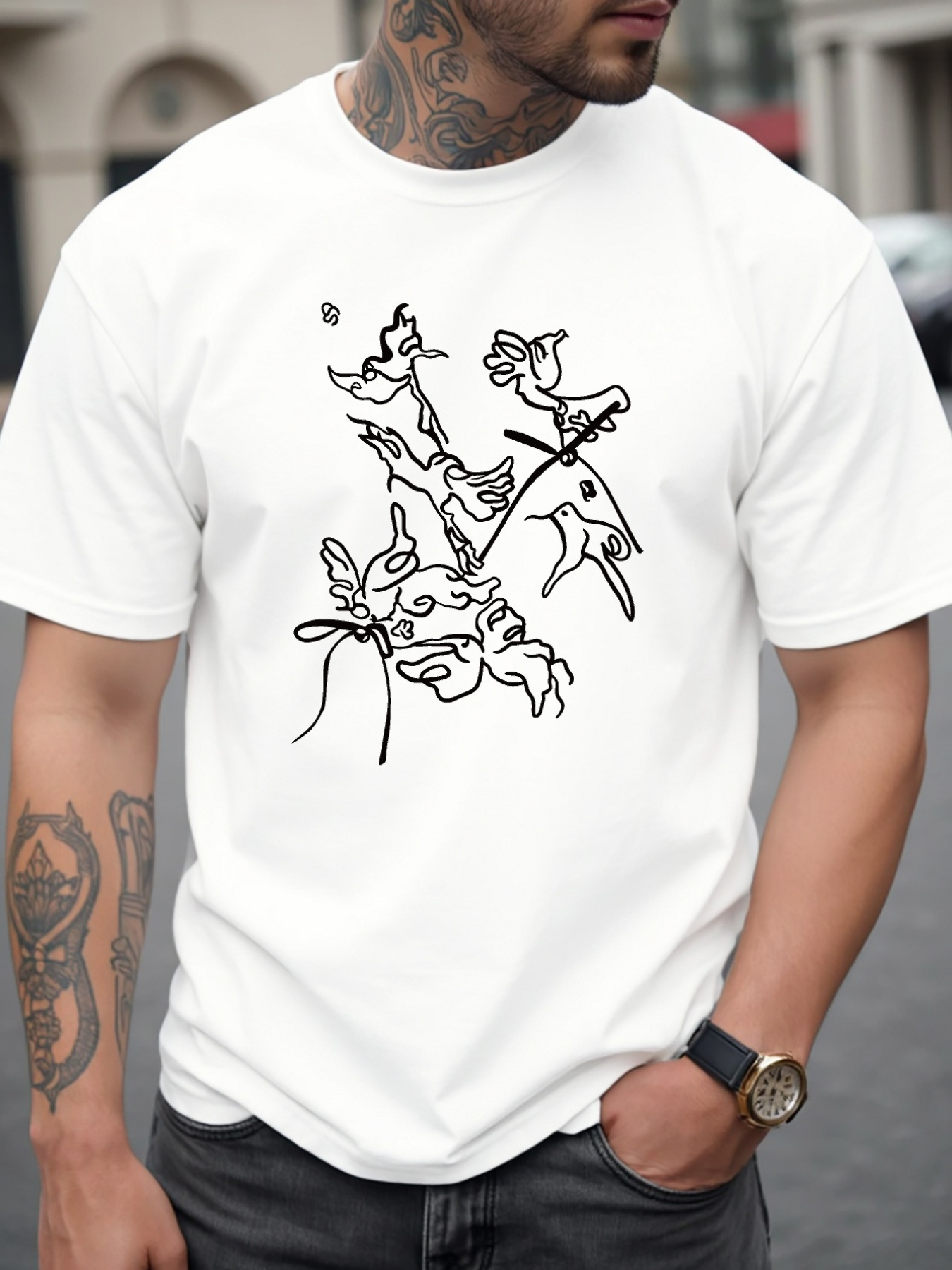 Men's Graphic T-Shirt Abstract Single Line Art With Expressive Flying Birds