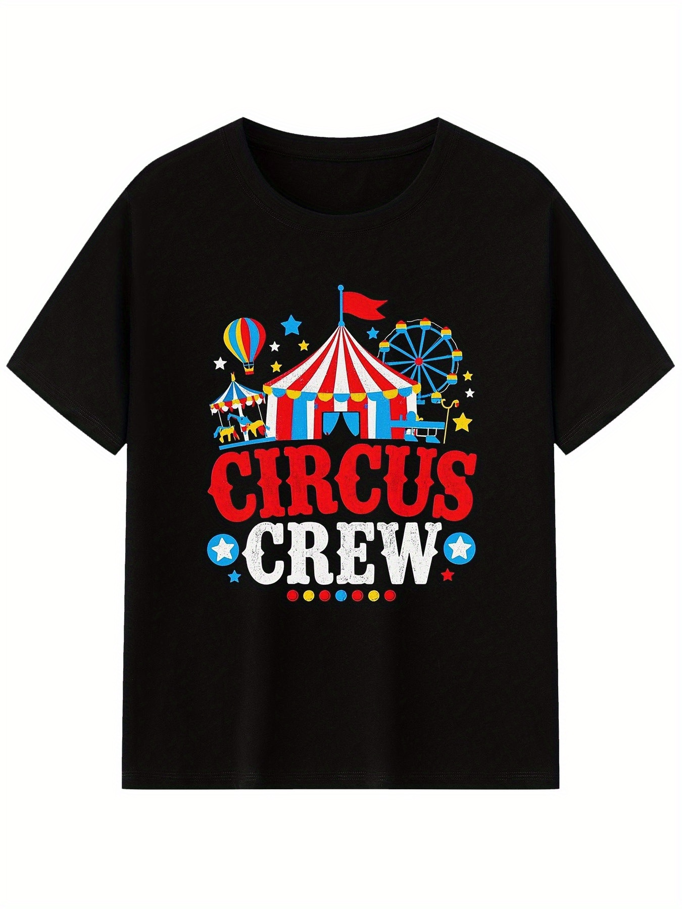 Men's Graphic T-Shirt Circus Crew Colorful Amusement Park Tent With Balloons And Ferris Wheel Under Stars