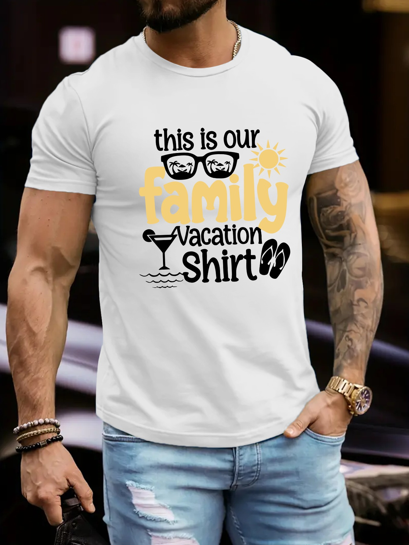 Men's Graphic T-Shirt This Is Our Family Vacation Shirt With Graphic Glasses Sun Drink And Flip Flops