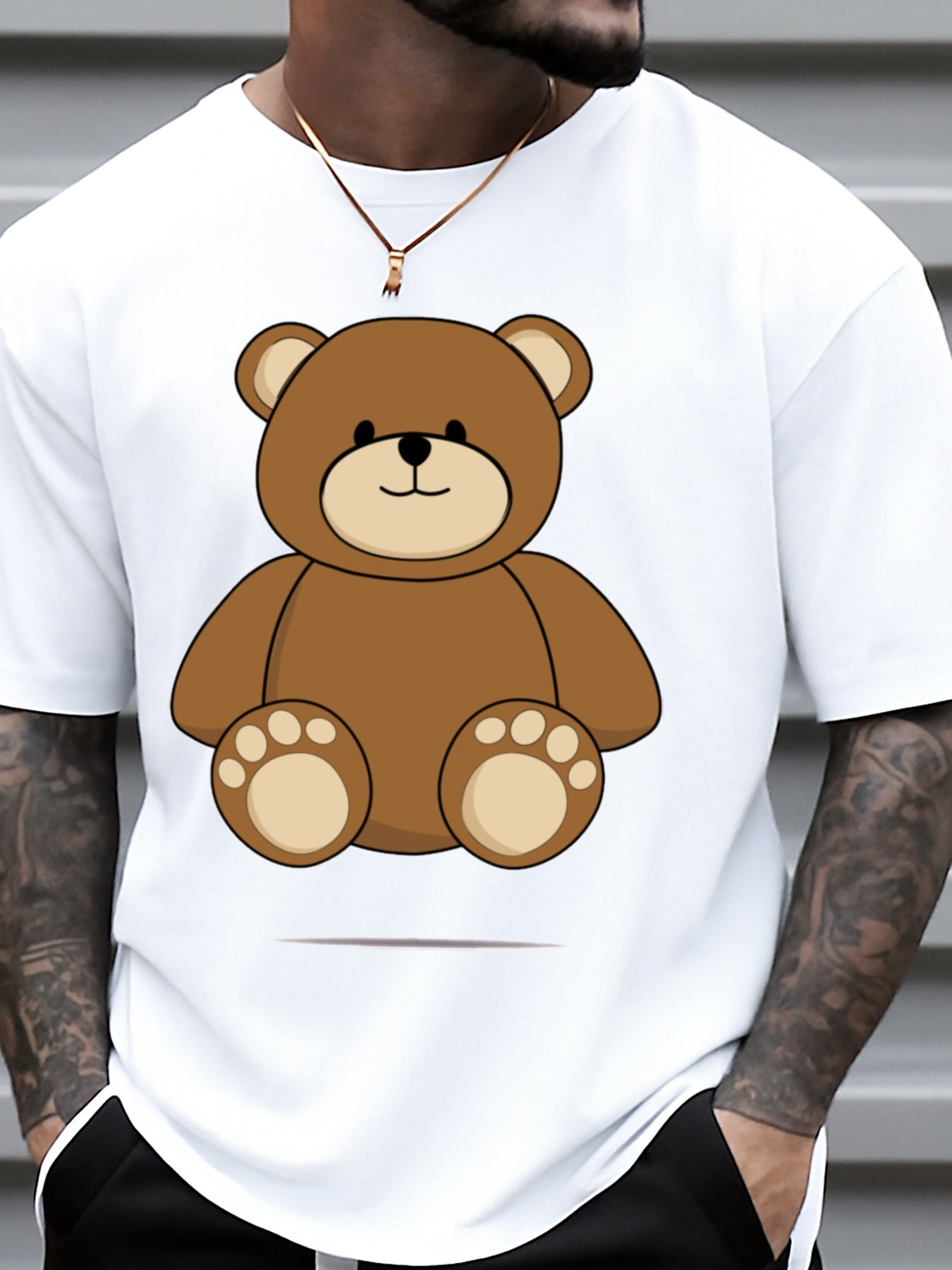 Men's Graphic T-Shirt Cute Cartoon Drawing With Big Soft Ears Smiling Brown Teddy Bear