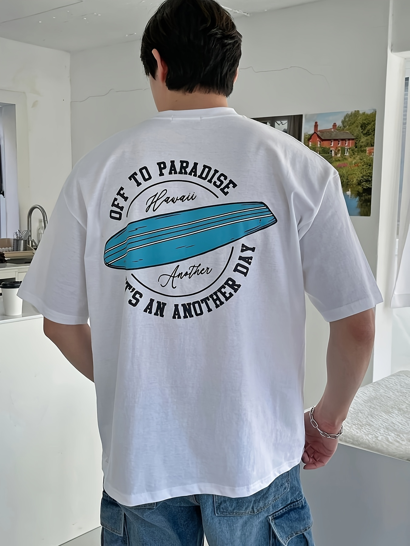 Men's Graphic T-Shirt Off To Paradise With Blue Surfboard Under Summer Sun