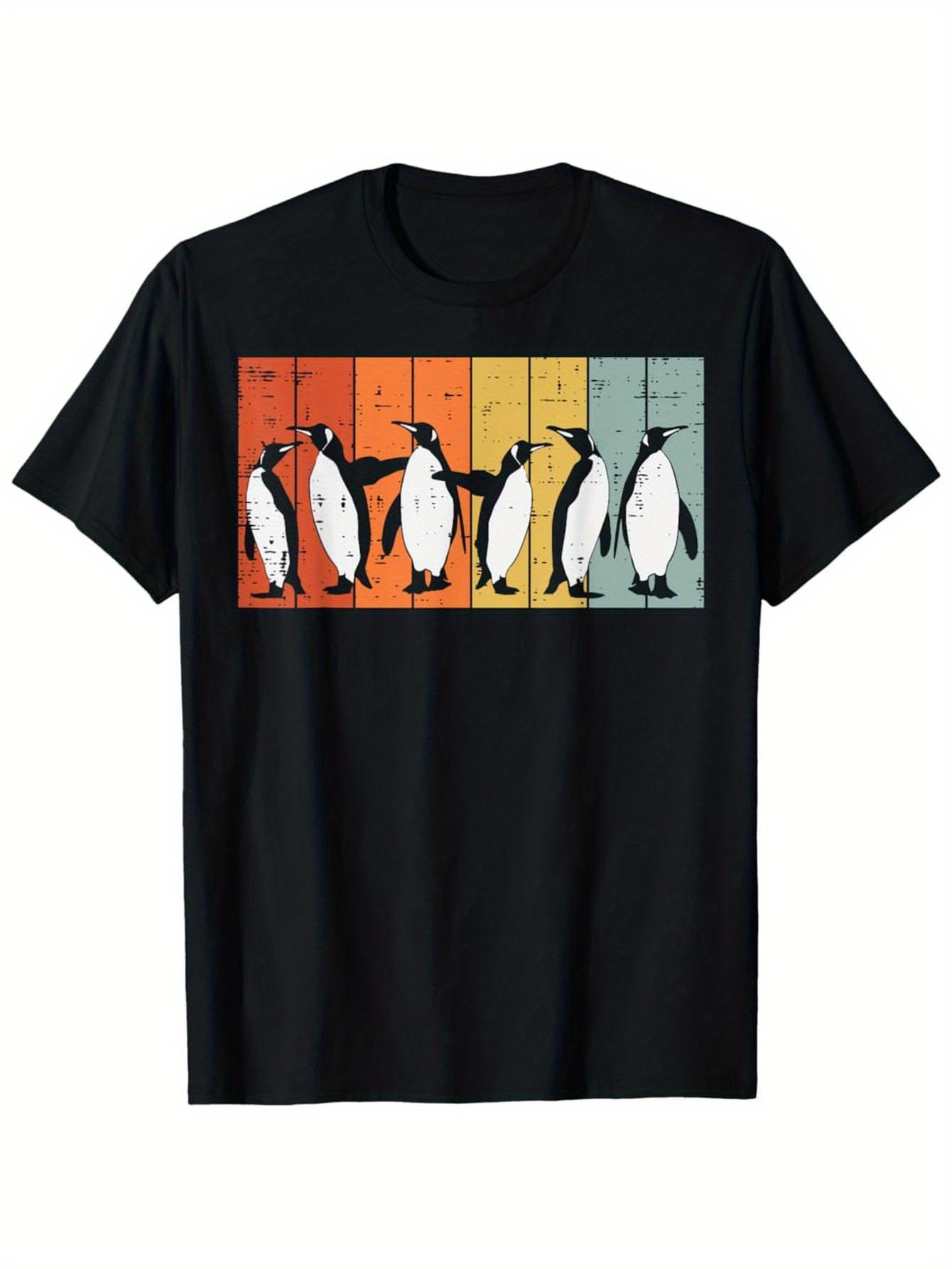 Men's Graphic T-Shirt Playful Penguins Dancing Across Colorful Retro Striped Panels Penguin