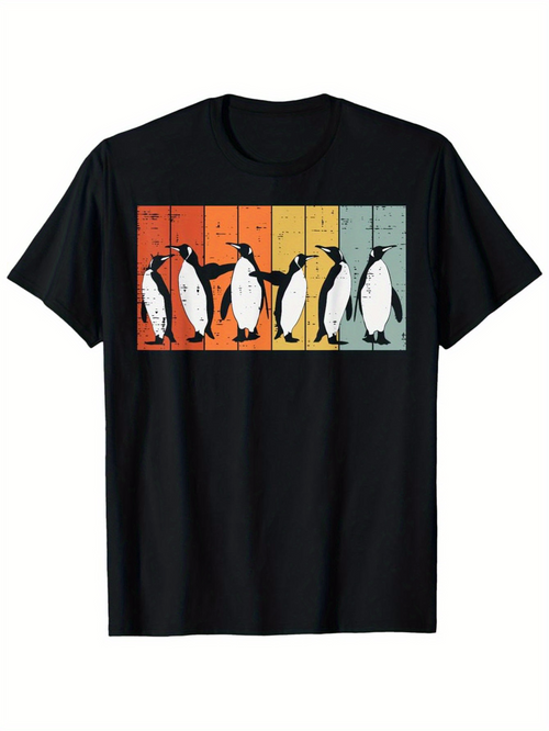 Men's Graphic T-Shirt Playful Penguins Dancing Across Colorful Retro Striped Panels Penguin