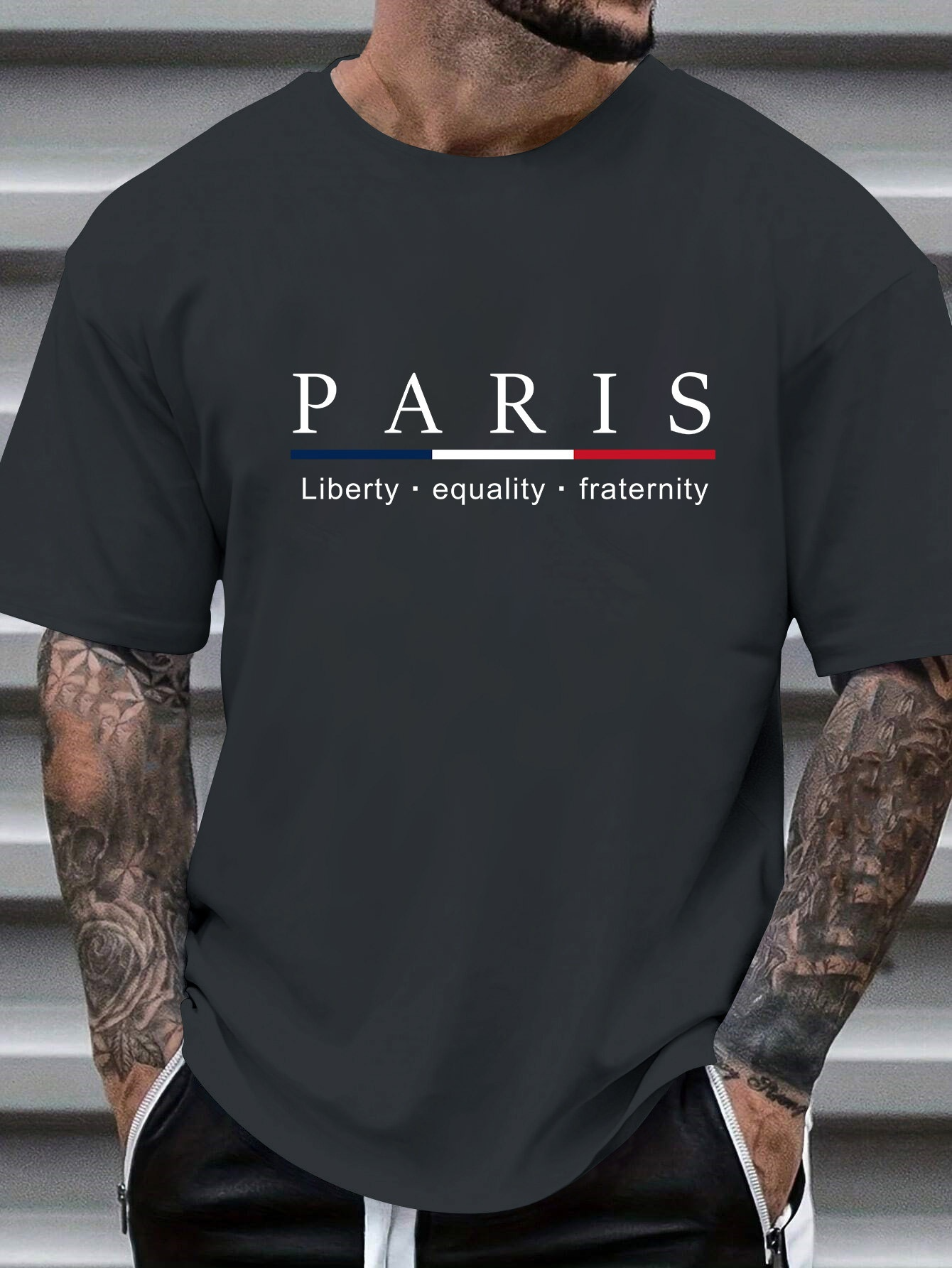 Men's Graphic T-Shirt Paris Liberty Equality Fraternity With Tricolor Stripe Graphic Typography