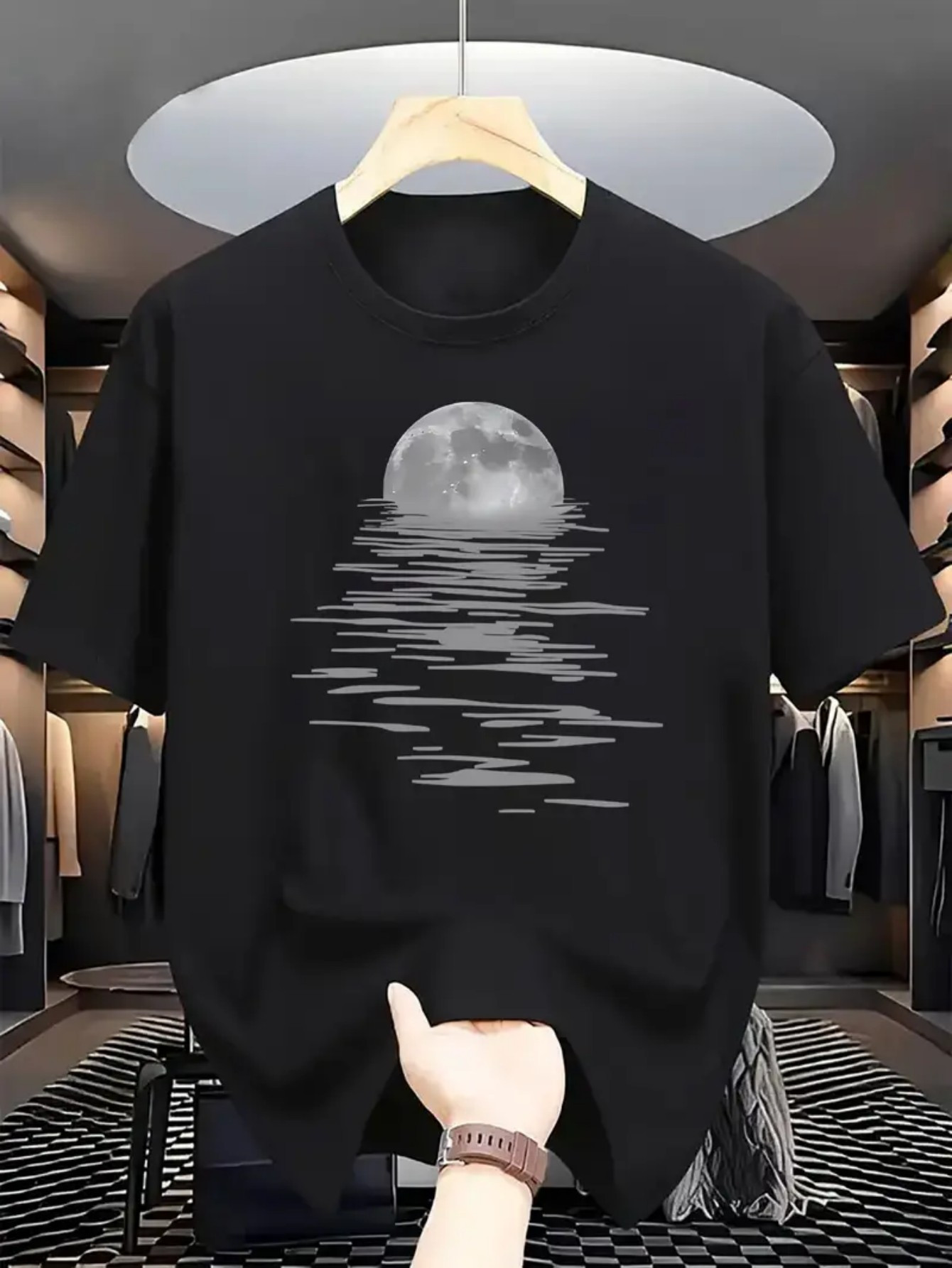 Men's Graphic T-Shirt Full Moon Silvery Reflections Shimmering Over Dark Calm Water