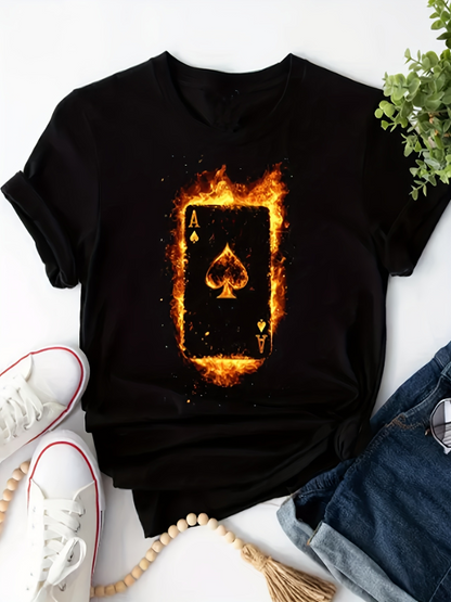 Men's Graphic T-Shirt Blazing Fire With Fiery Playing Card Surrounded By Dark Spades Card