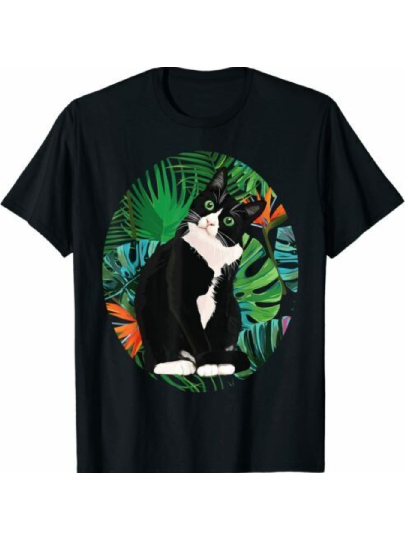 Men's Graphic T-Shirt Tropical Jungle With Lush Leaves Surrounding A Black And White Cat